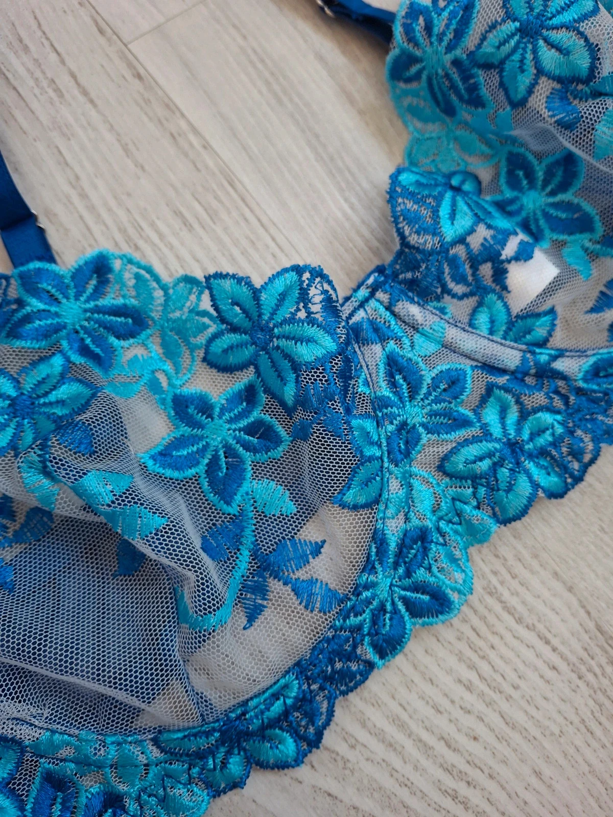 💙 Conjunto de lencería para mujer de 3 piezas azul con flores/transparente/blanco – Talla L – NUEVO – photo 5